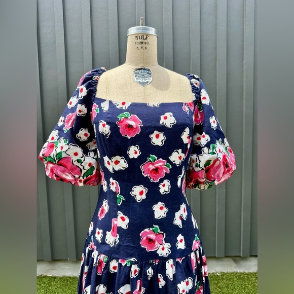 1980s puff sleeve Leslie Lucks floral & stripes dress - Picture 5 of 15